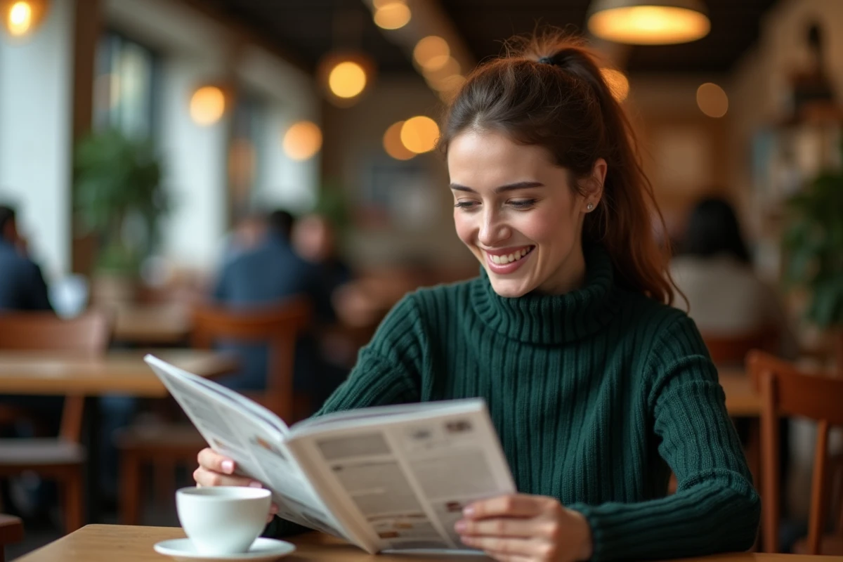Femme lisant un magazine dans un café parisien, évoquant la vie privée préservée et la discrétion au quotidien