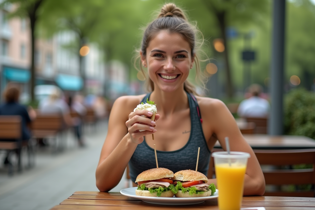 Femme détendue dégustant un sandwich en extérieur