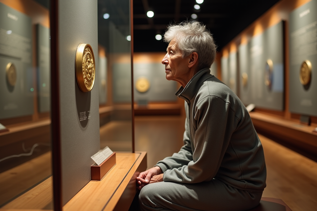 Femme âgée regardant médaille d or au musée