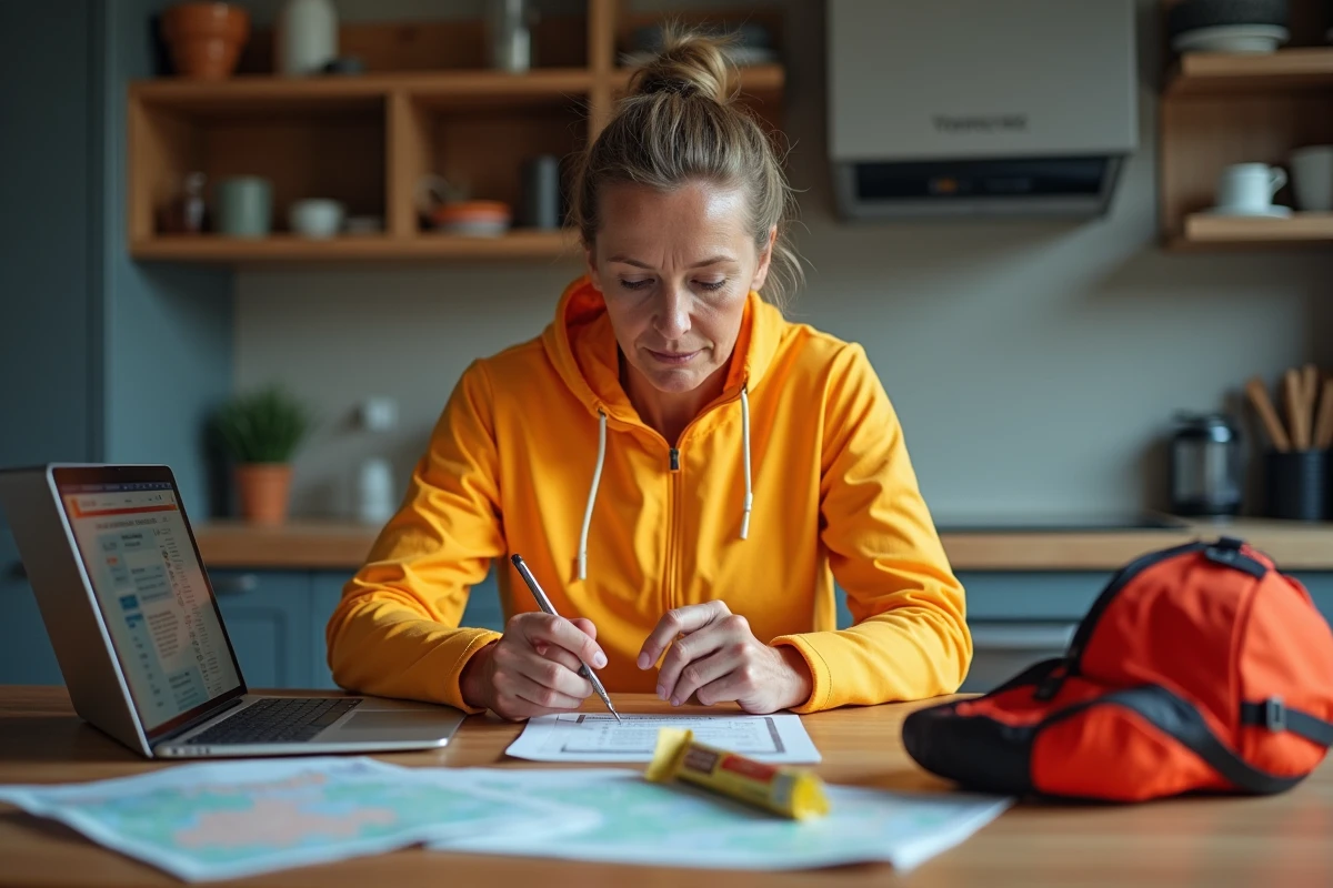Femme pr&eacute;parant son &eacute;quipement de course en int&eacute;rieur