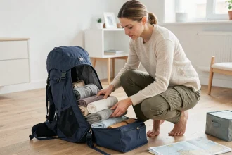 Femme qui organise un sac à dos de voyage 70L dans un appartement minimaliste, entourée de cubes de rangement et d'équipement de voyage