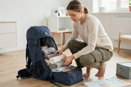 Femme qui organise un sac à dos de voyage 70L dans un appartement minimaliste, entourée de cubes de rangement et d'équipement de voyage