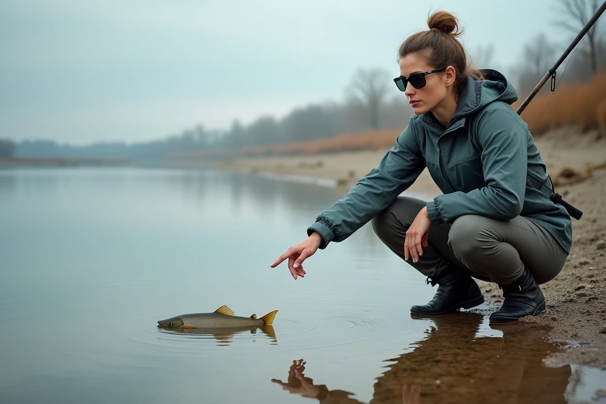 Femme pêcheuse accroupie au bord d'une rivière portant des lunettes polarisantes grises, repérant des poissons sous la surface de l'eau