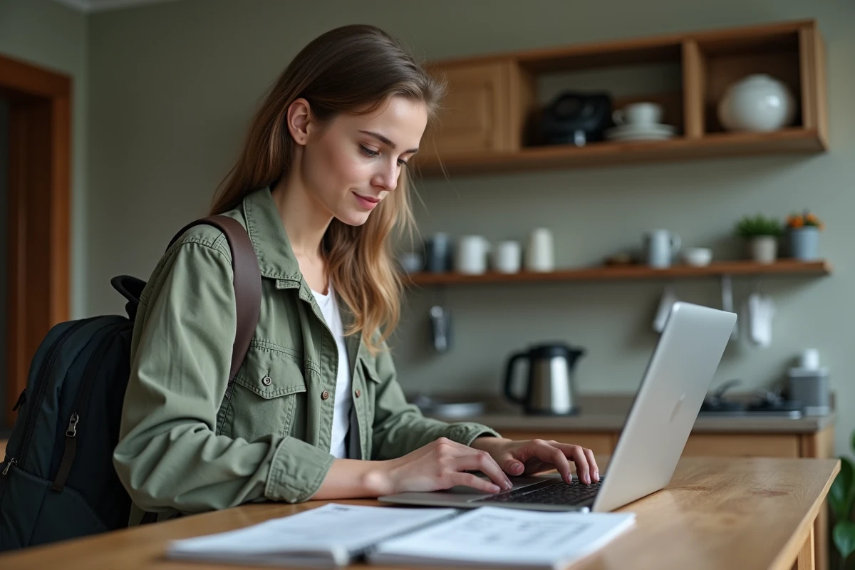 Jeune femme v&eacute;rifiant permis de p&ecirc;che sur ordinateur portable