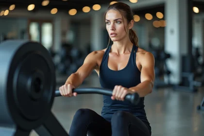 Femme sportive utilisant un rameur en salle de sport pour travailler les muscles et brûler des calories