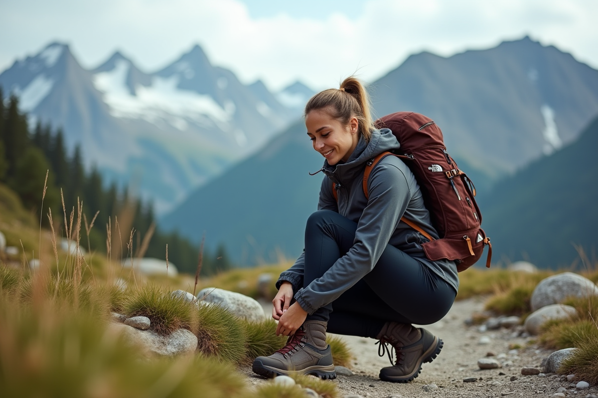 Femme en randonnée avec sac à dos dans un paysage alpin