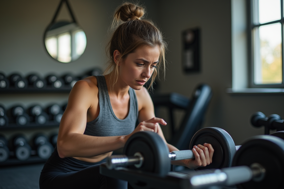 Jeune femme ajuste un haltère dans sa salle de sport à domicile