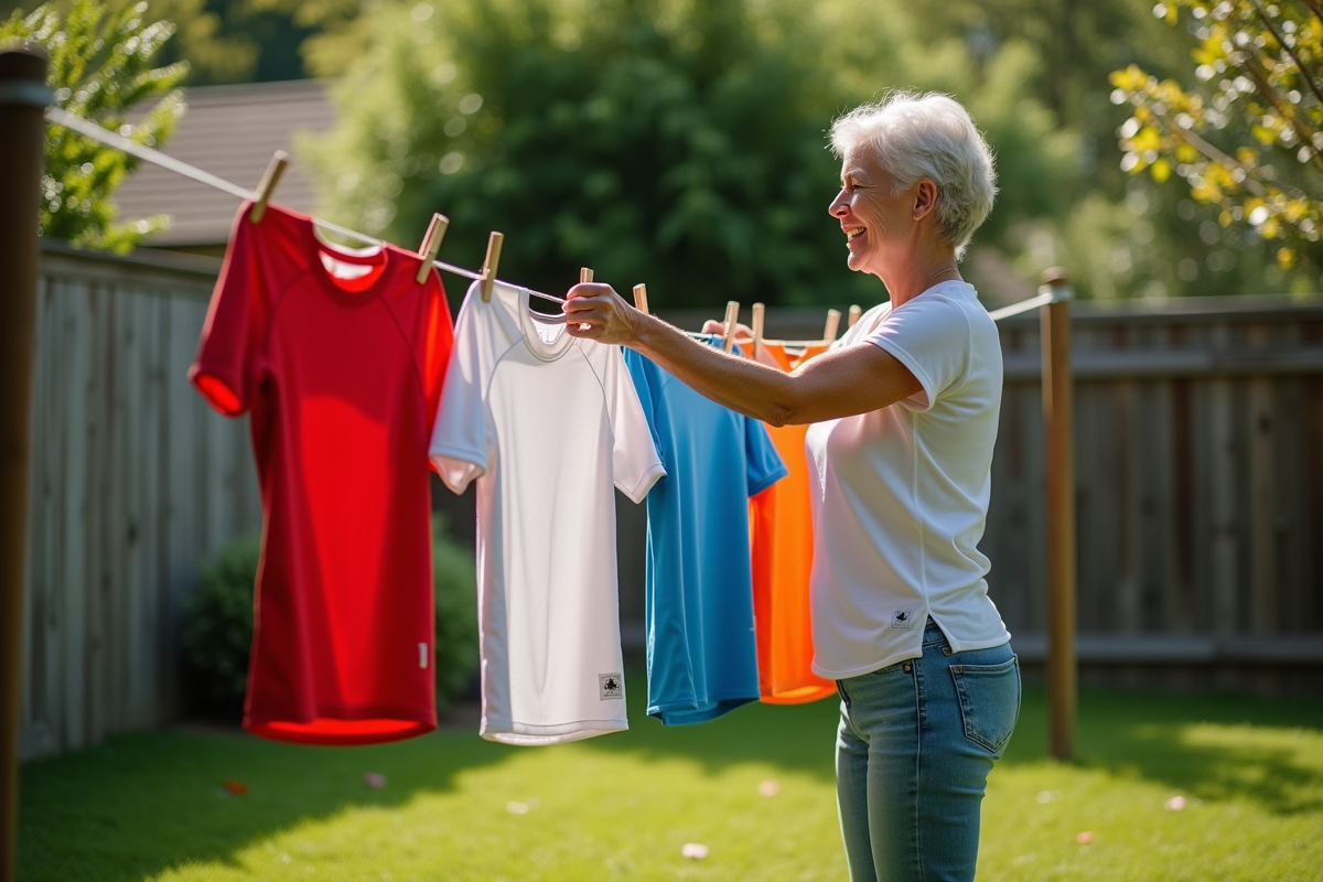 Femme suspendant des maillots de football au linge