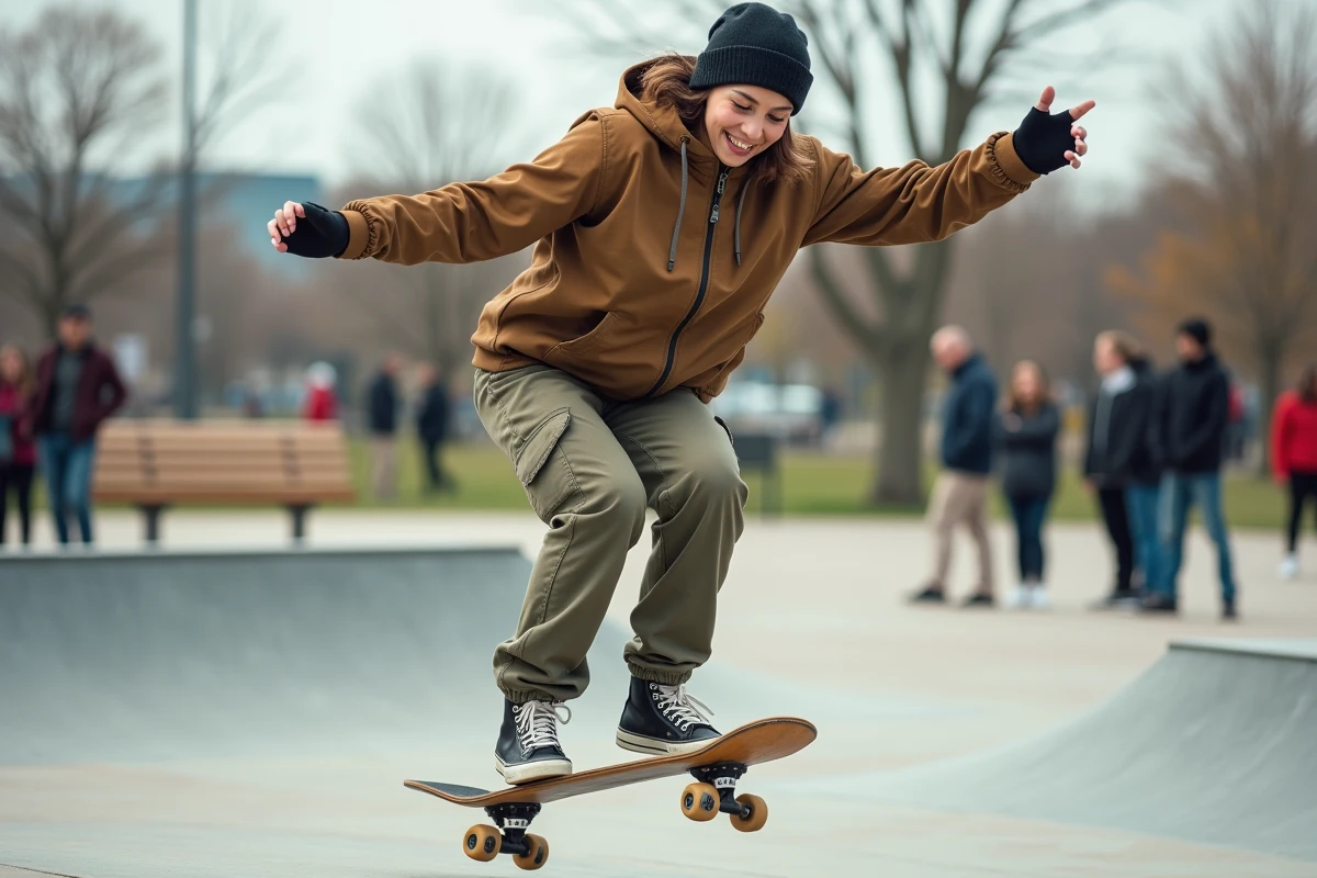 Femme skateur atterrissant un trick dans une place de skate