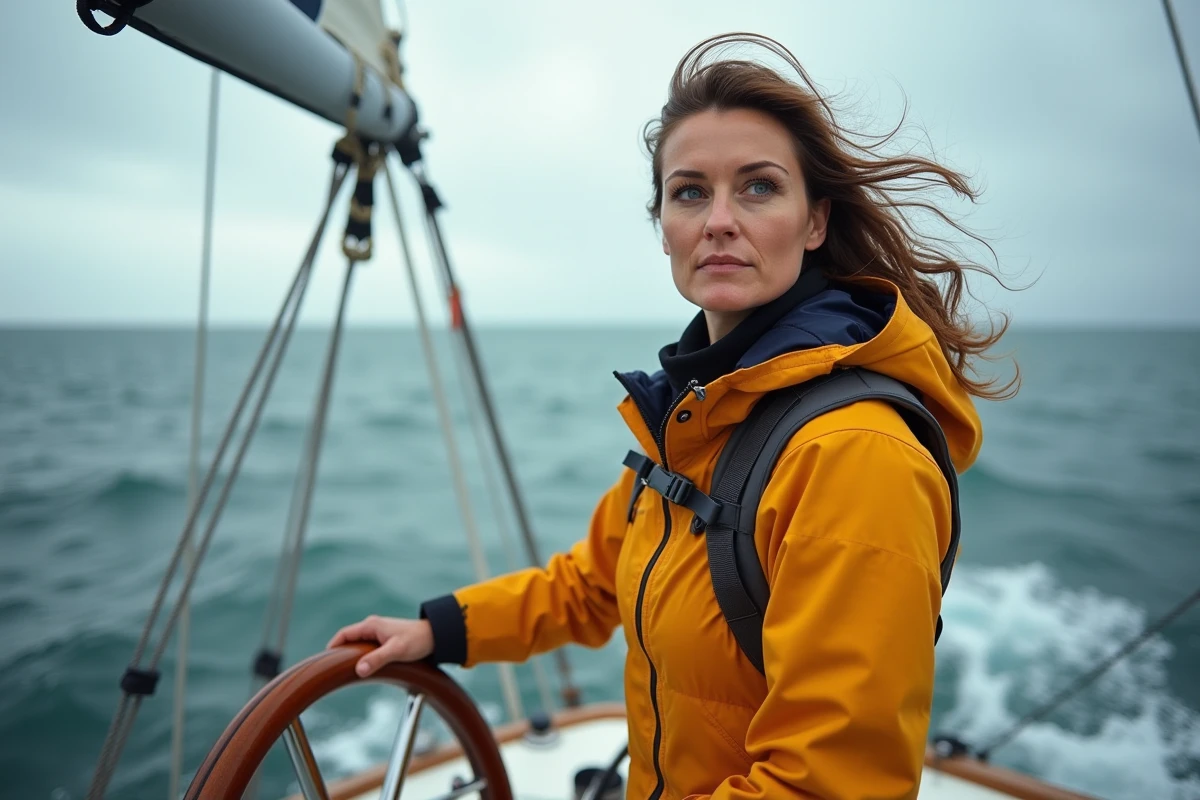 Femme skipper à la barre d'un voilier en mer ouverte, navigation hauturière et technique de barre par conditions venteuses