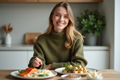 Jeune femme souriante avec repas riche en proteines