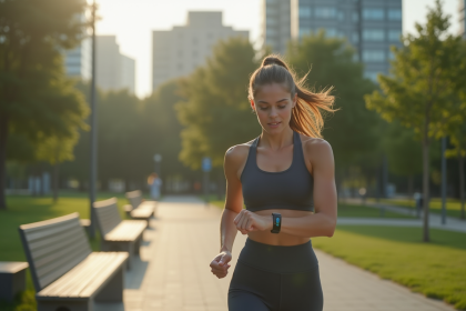 Jeune femme en jogging v&eacute;rifiant son tracker d'activit&eacute;