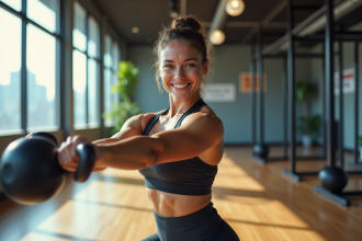 Femme sportive souriante en salle de sport moderne