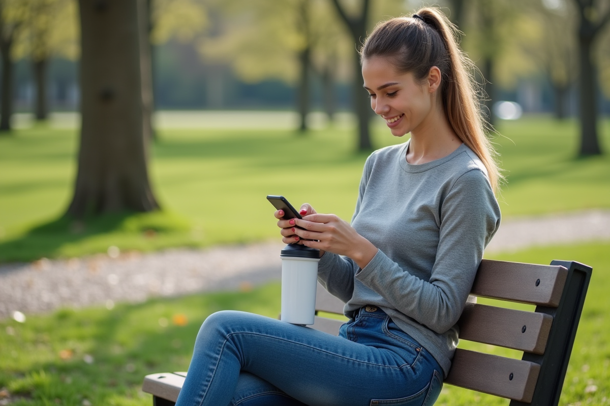 Jeune femme assise sur un banc de parc vérifiant son application fitness
