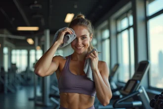 Femme sportive en salle de gym après un entraînement intense