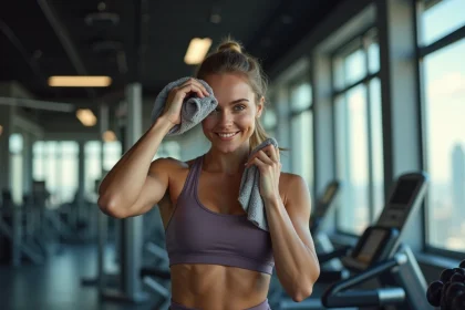 Femme sportive en salle de gym après un entraînement intense