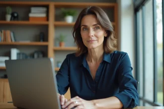Femme travaillant discrètement sur un ordinateur portable dans un bureau à domicile moderne, illustrant la vie privée et l'équilibre personnel