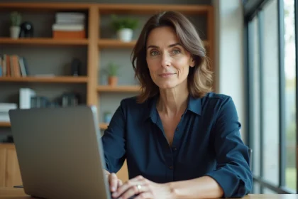 Femme travaillant discrètement sur un ordinateur portable dans un bureau à domicile moderne, illustrant la vie privée et l'équilibre personnel