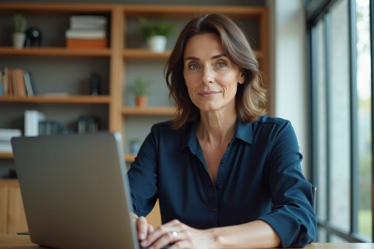 Femme travaillant discrètement sur un ordinateur portable dans un bureau à domicile moderne, illustrant la vie privée et l'équilibre personnel