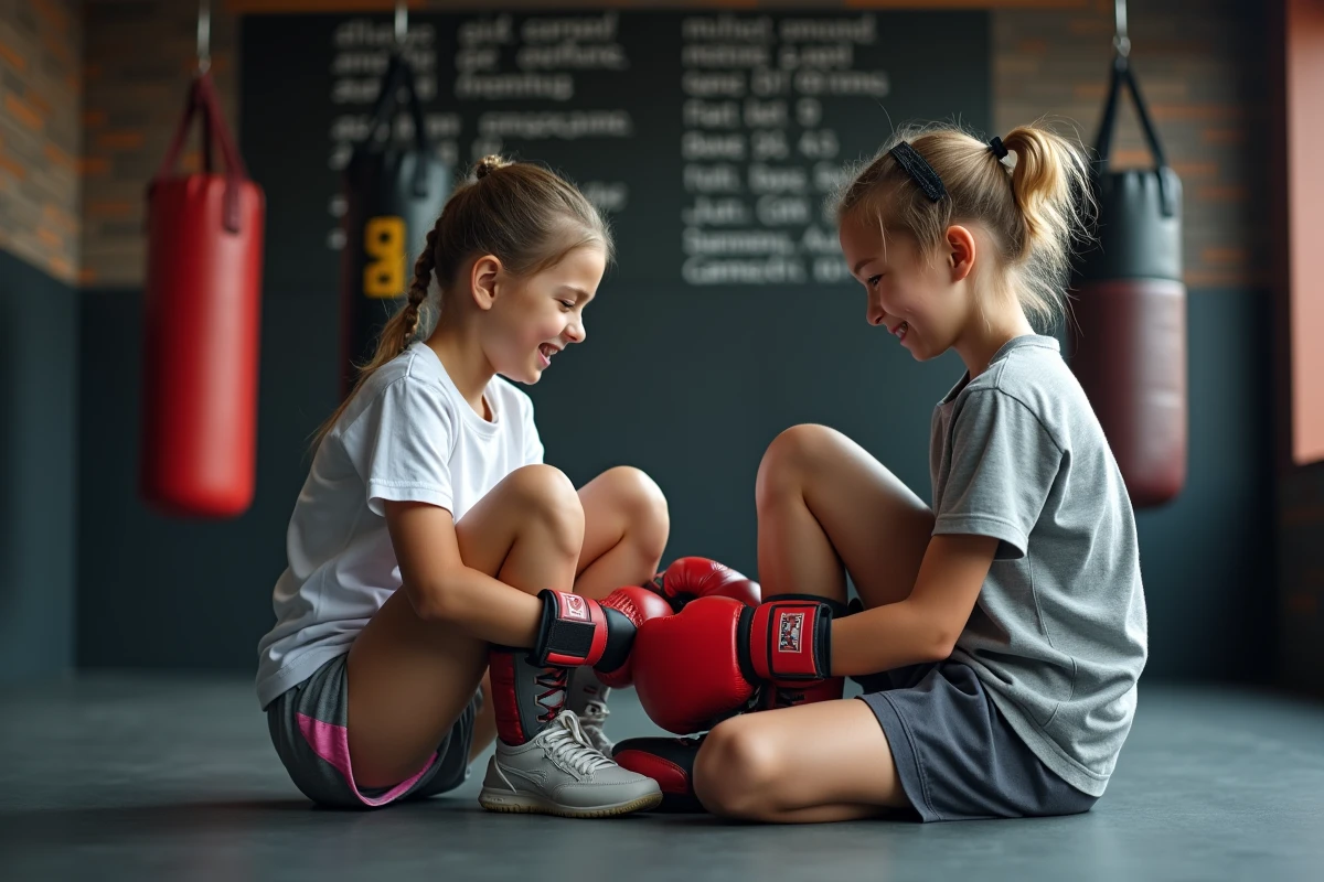 Une jeune fille en entra&icirc;nement de boxe avec un coach