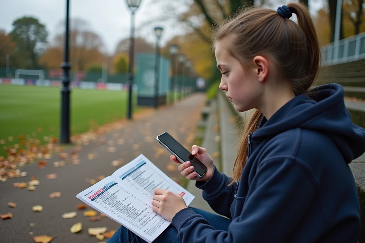 Adolescente regardant fixtures rugby dans le parc