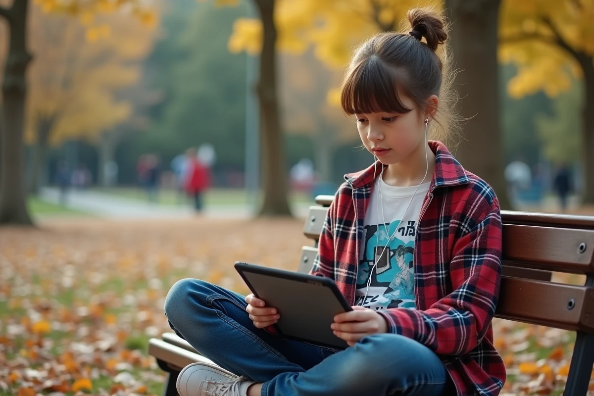 Fille regardant un scanlation de manga sur une tablette dans un parc