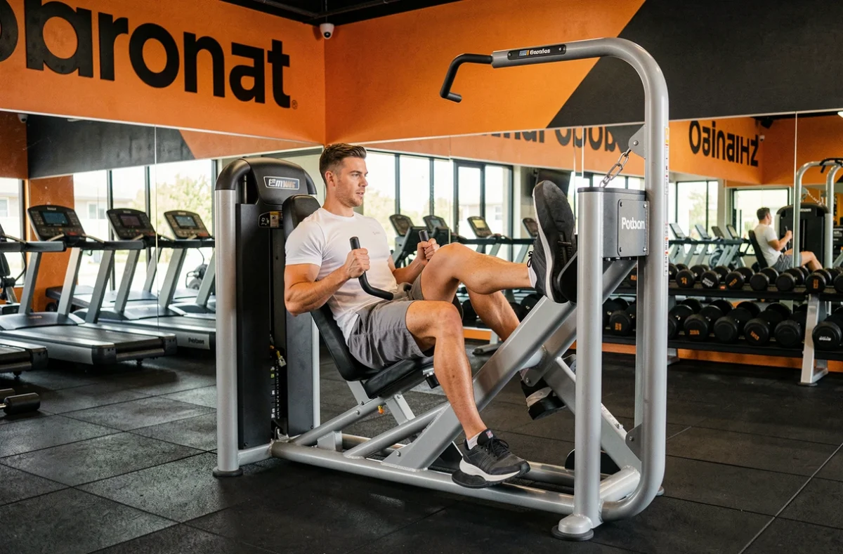 Homme effectuant un exercice de leg press dans la salle Fitness Park Lens au décor orange et noir