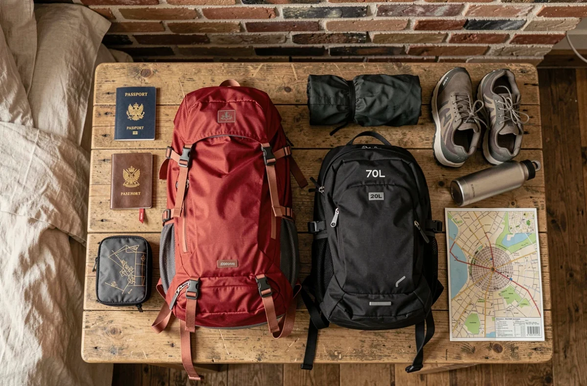 Flat lay vue du dessus comparant un grand sac de voyage 70L et un sac d'appoint 20L entourés d'accessoires de voyage essentiels