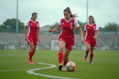 Joueuses de football féminin en match officiel dans le district Haute-Loire, contrôle de balle sur pelouse naturelle