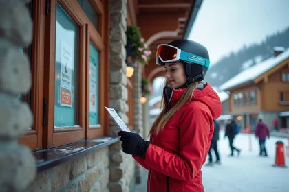 Skieuse consultant son forfait ski au guichet de la station Les Arcs 1800 avec architecture de chalet alpin en arri&egrave;re-plan