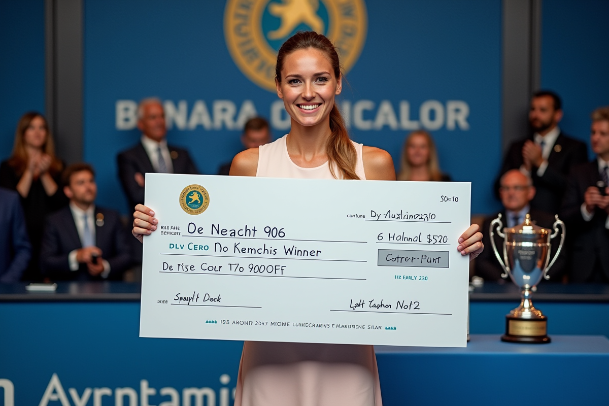 Championne de tennis avec cheque et trophée en salle