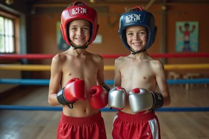 Deux gar&ccedil;ons en &eacute;quipement de boxe dans une salle de sport