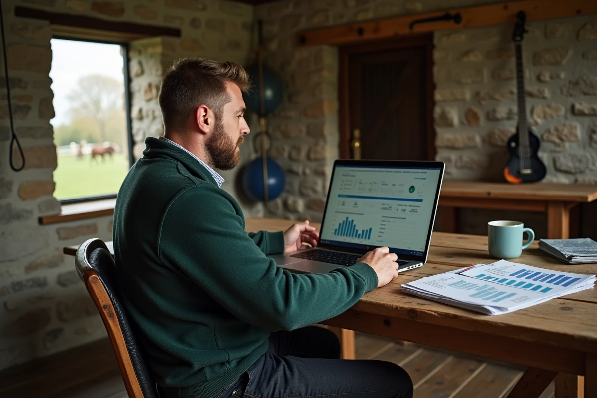 Gérant d'écurie travaillant sur un logiciel de gestion équestre dans un bureau rustique avec vue sur un paddock
