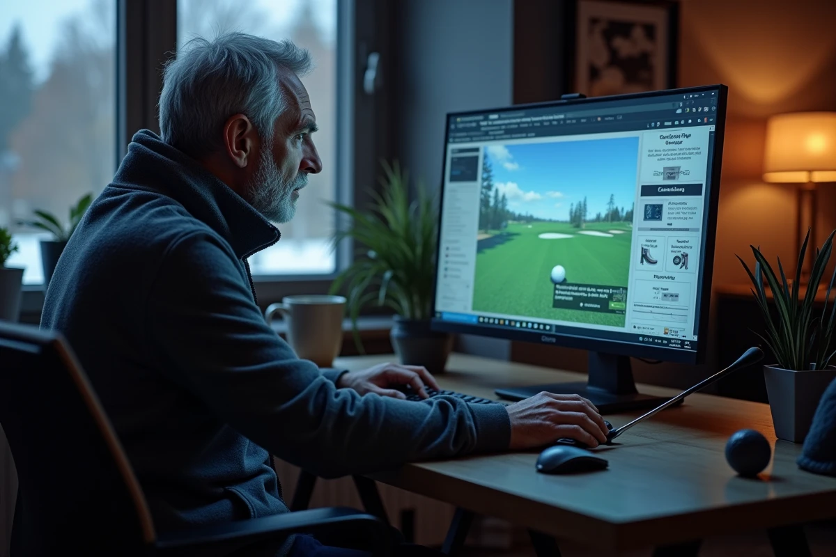 Golfeur senior consultant un blog de putting sur ordinateur pour améliorer son toucher en hiver
