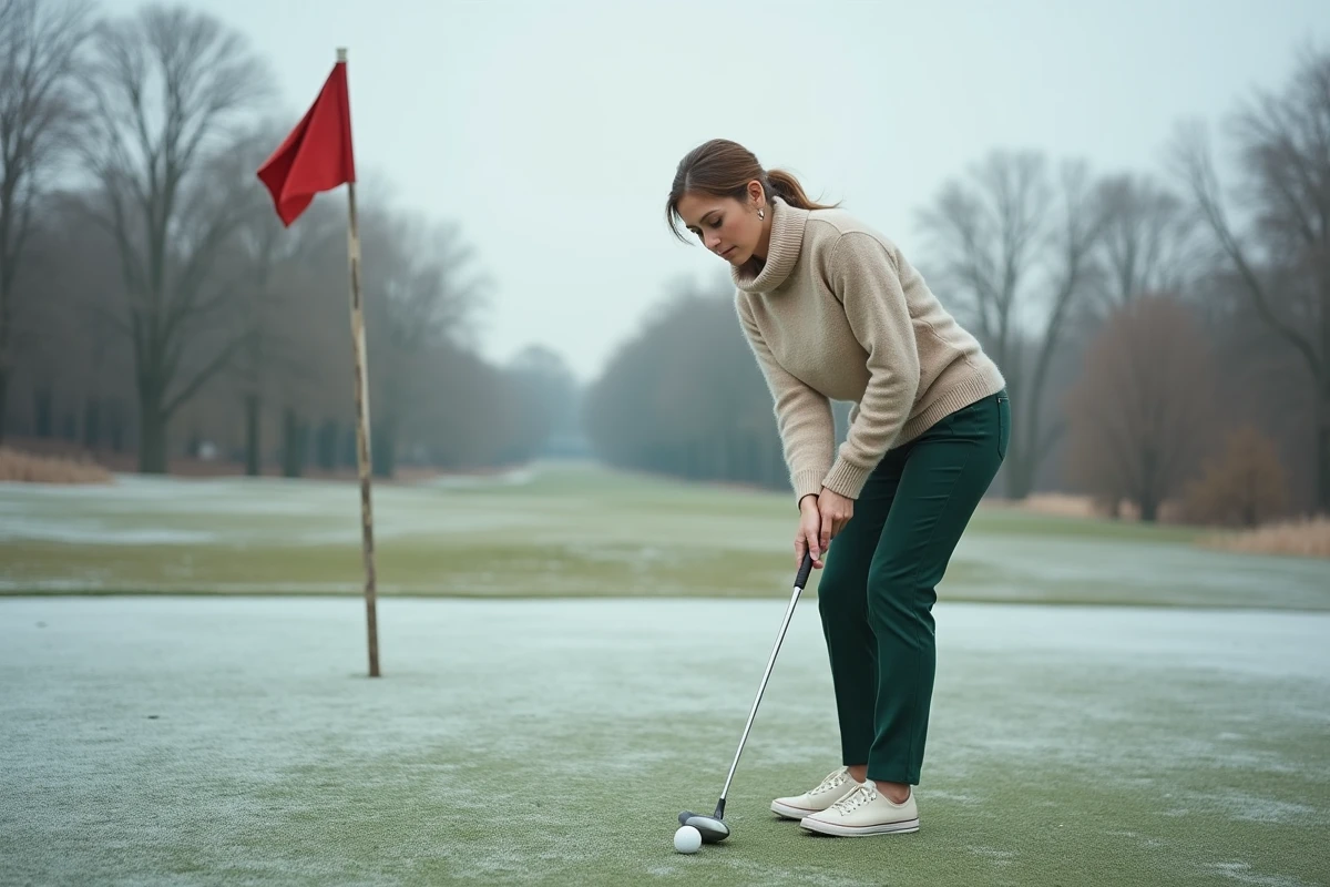 Golfeuse pratiquant le putting sur un green givré en hiver dans un club de golf désert