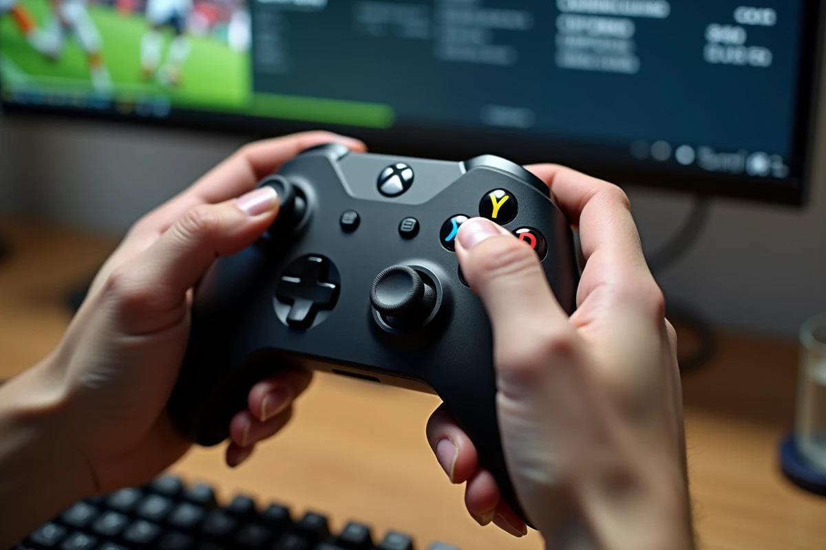 Gros plan sur une manette Xbox tenue par un joueur en train de paramétrer les touches pour FC 25