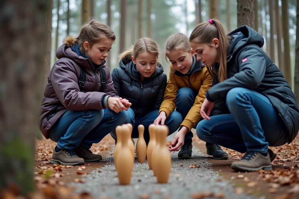 Adolescents en forêt préparant une partie de Mölkky avec un guide