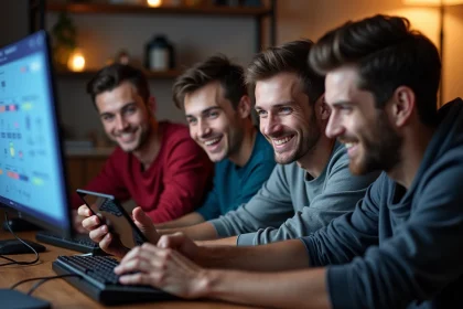 Groupe de jeunes adultes discutant stratégie gaming dans un salon