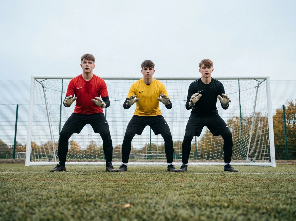 Trois jeunes gardiens de but en position d'attente sur terrain synthétique lors d'un stage de football