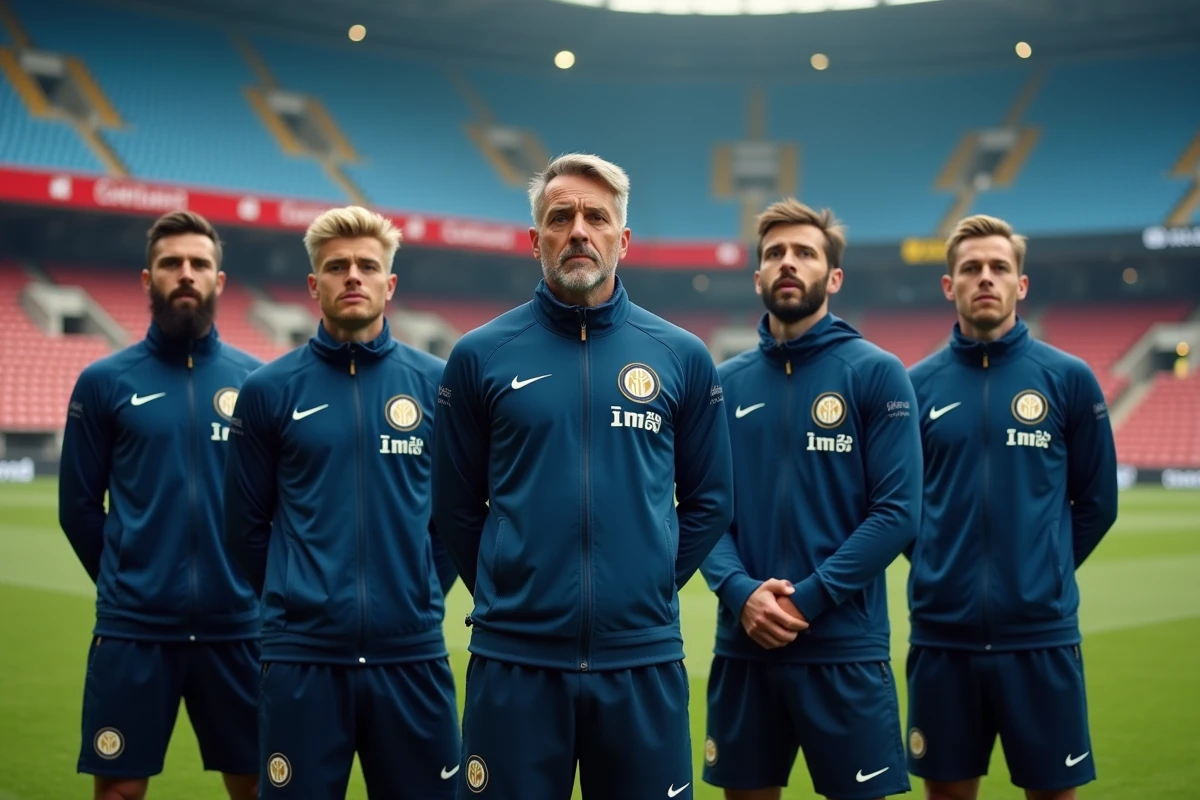 Groupe de joueurs de l'Inter Milan réunissant anciens et nouveaux éléments lors de l'échauffement avant un match au stade