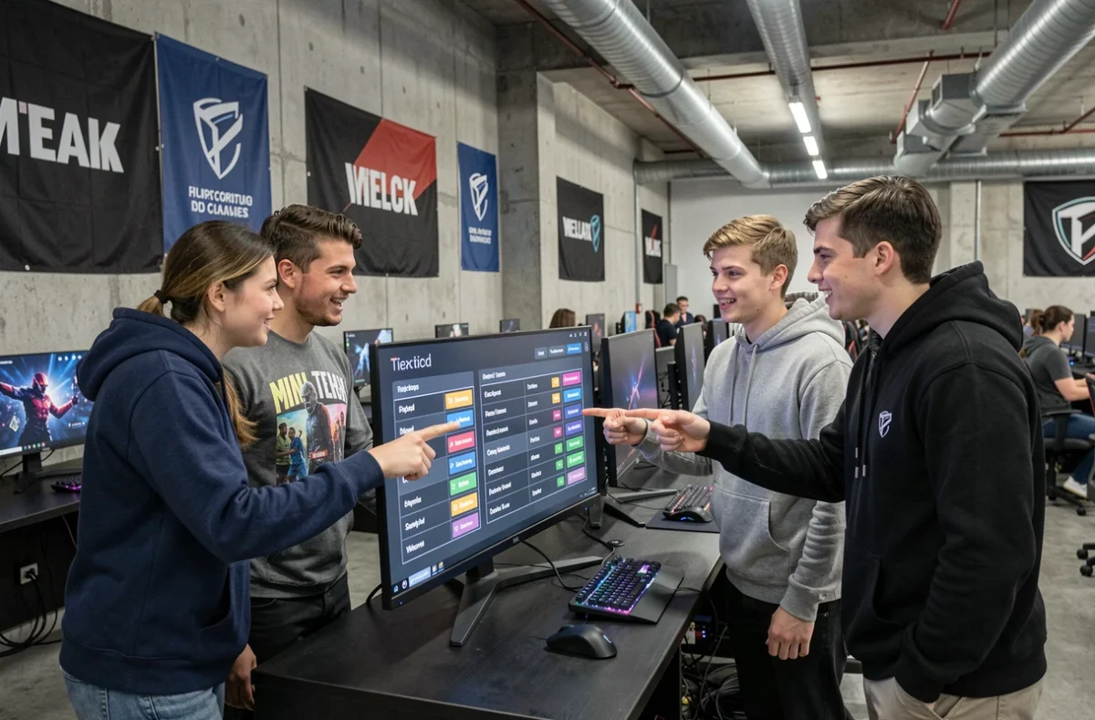 Groupe de joueurs discutant de la répartition des rangs League of Legends dans une salle d'entraînement esport