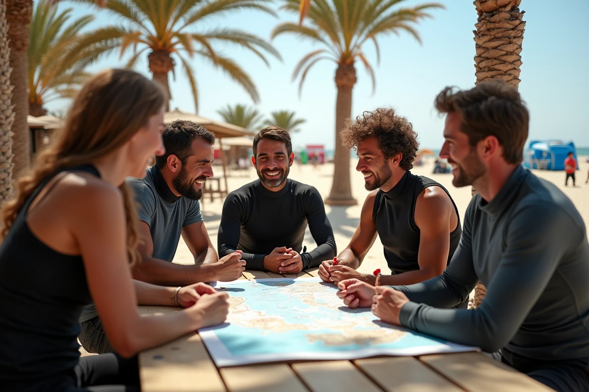 Groupe de kitesurfeurs planifiant leur session au bord de la mer