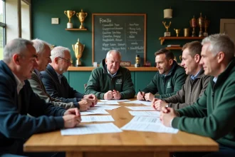 Groupe de rugbymen et femmes discutant autour d'une table