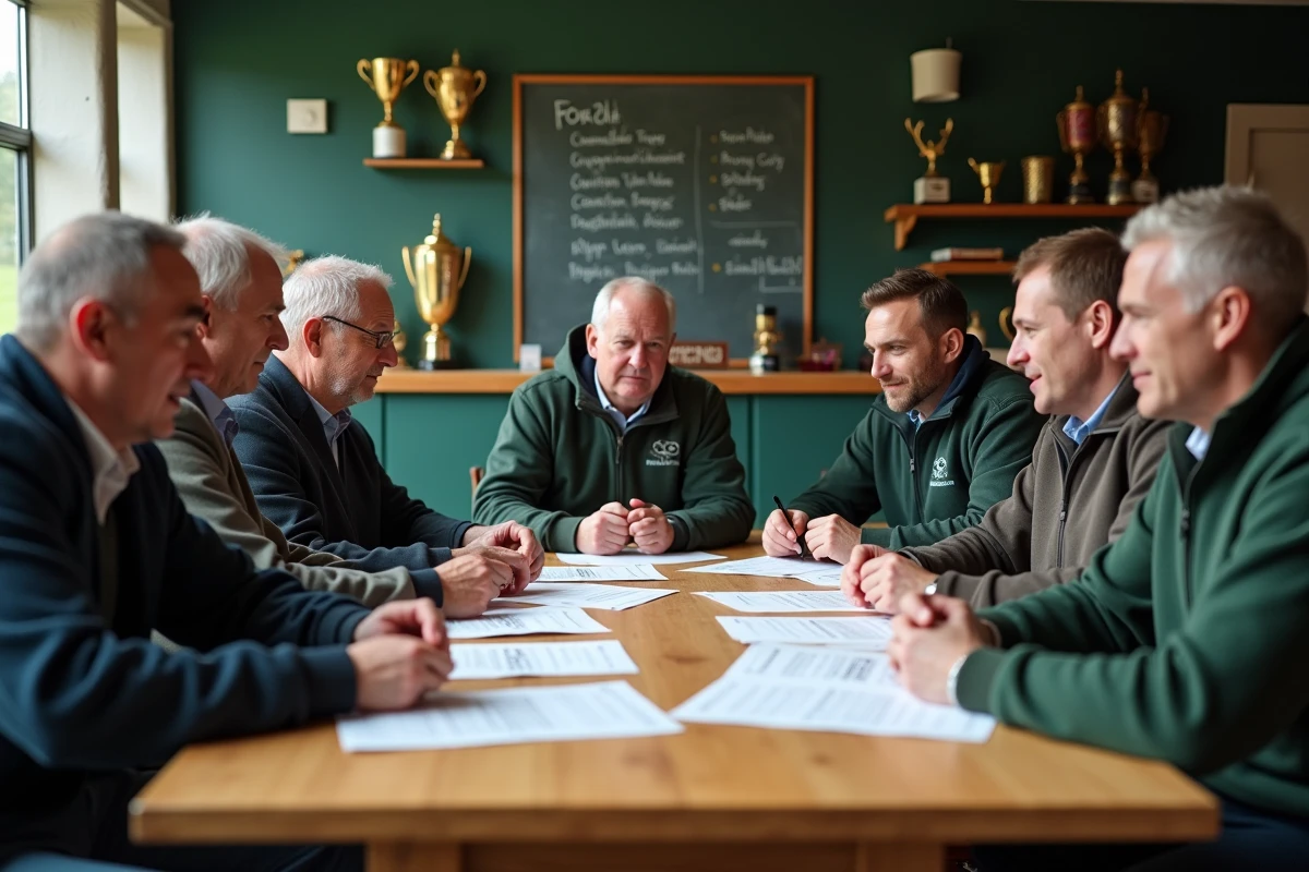 Groupe de rugbymen et femmes discutant autour d'une table