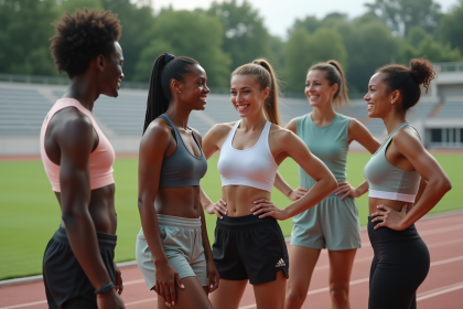 Groupe de sportifs souriants devant une piste extérieure