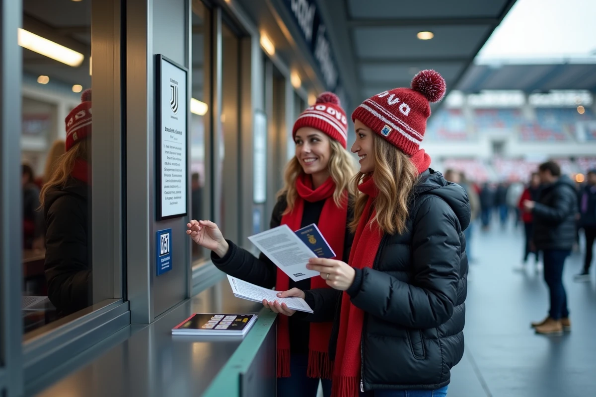 Deux supportrices françaises au guichet officiel de billets du stade Allianz Stadium pour un match de la Juventus FC