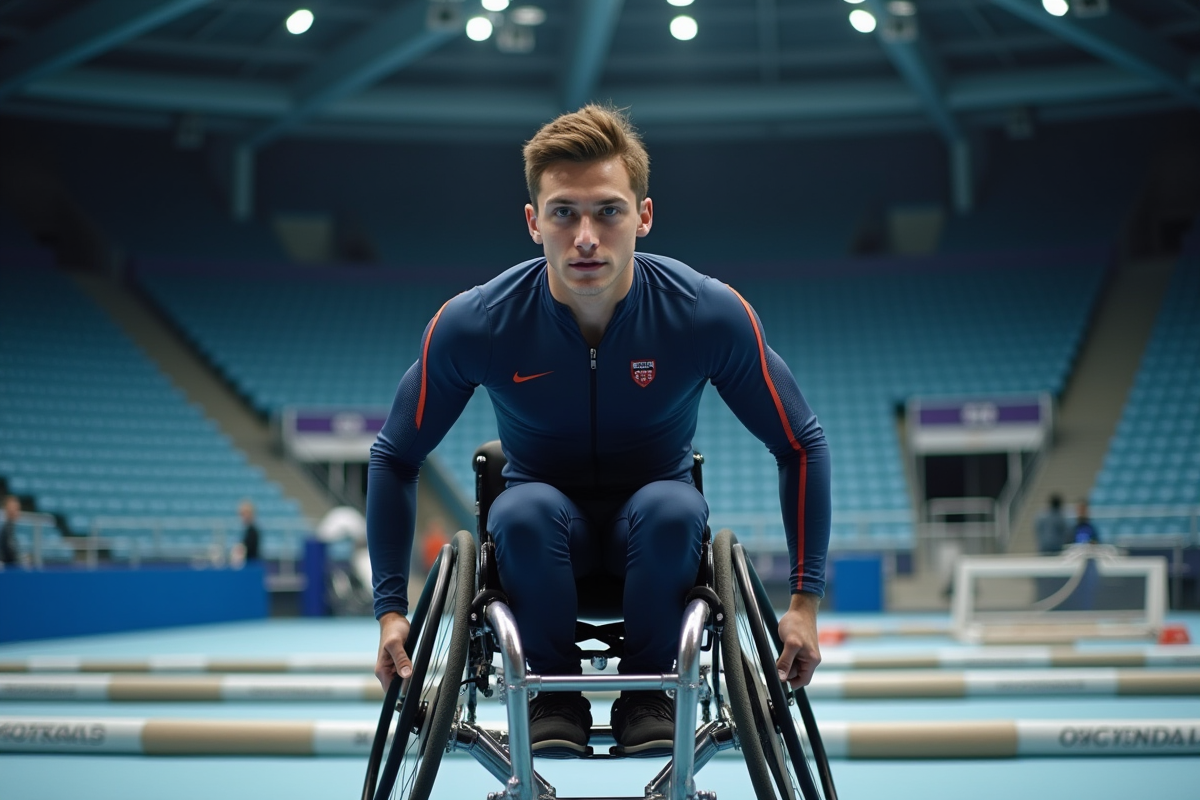 Homme en fauteuil roulant effectuant une figure aux barres parallèles