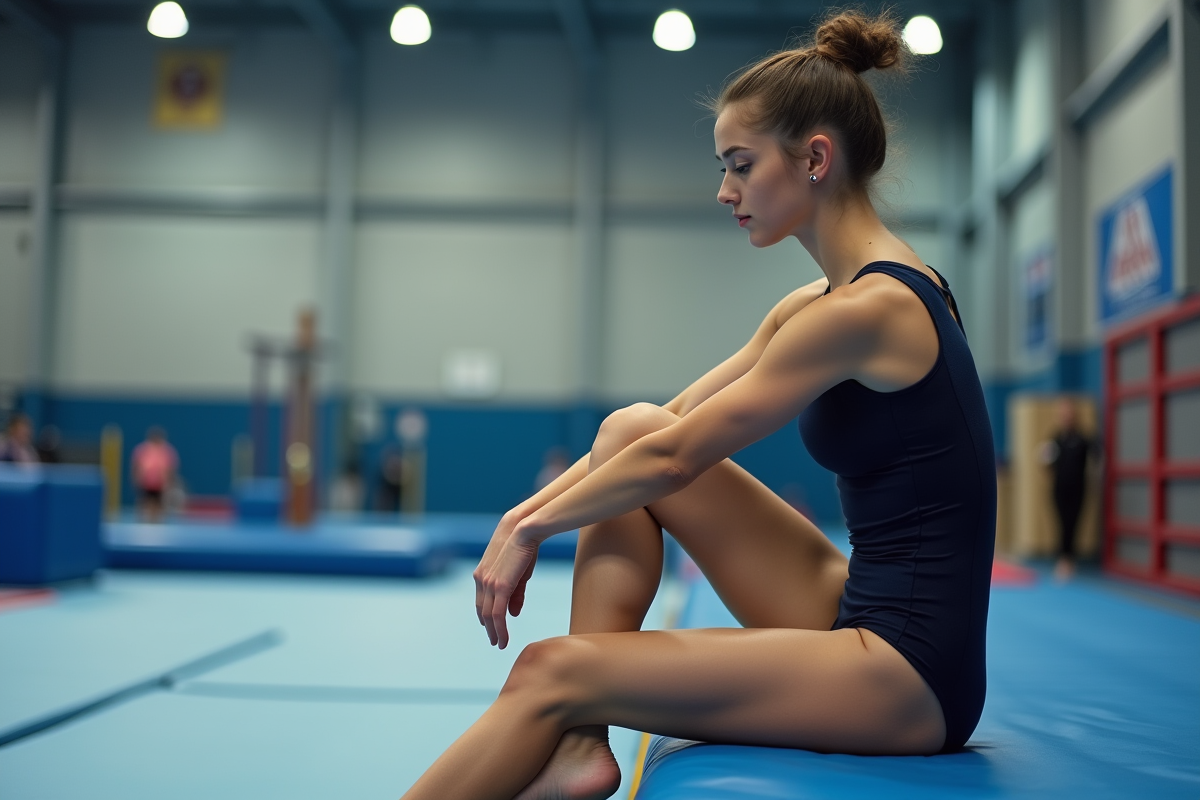 Jeune gymnaste en étirement sur le tapis intérieur