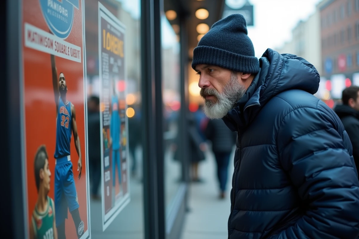 Un homme en blouson marine examine une affiche de match de basket devant le Madison Square Garden à New York en automne