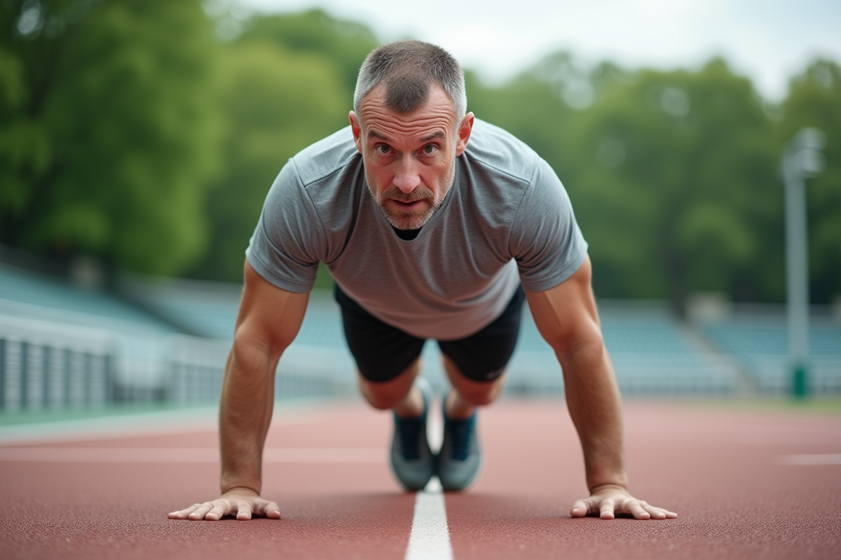 Homme faisant un burpee sur une piste extérieure